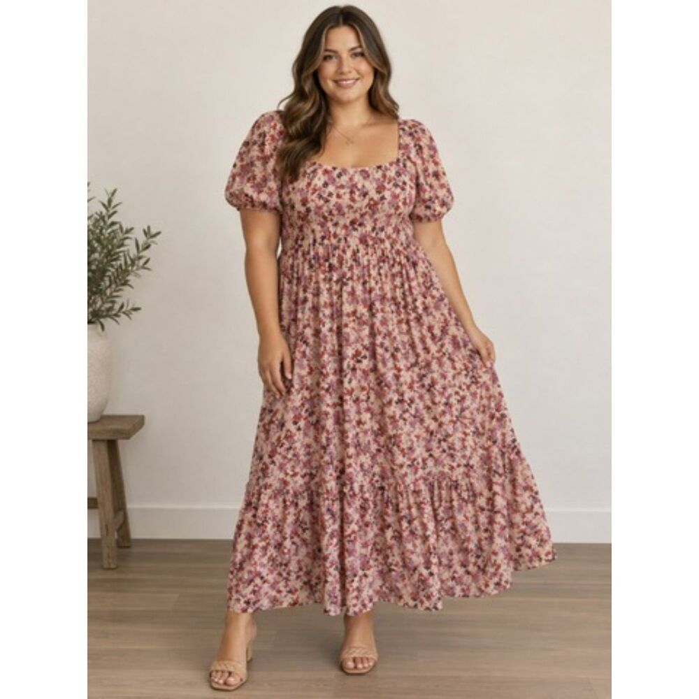 Bohme Pink Floral Maxi Midi Dress Puff Sleeves Size XL